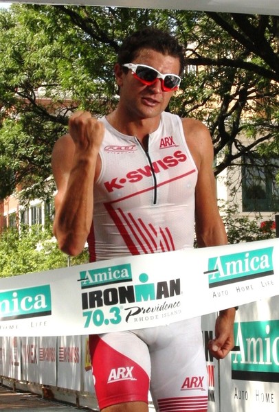 Terenzo Bozzone enjoys victory in the Ironman 70.3 triathlon in Rhode Island, USA today.